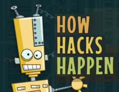Crazy looking robot with the words How Hacks Happen