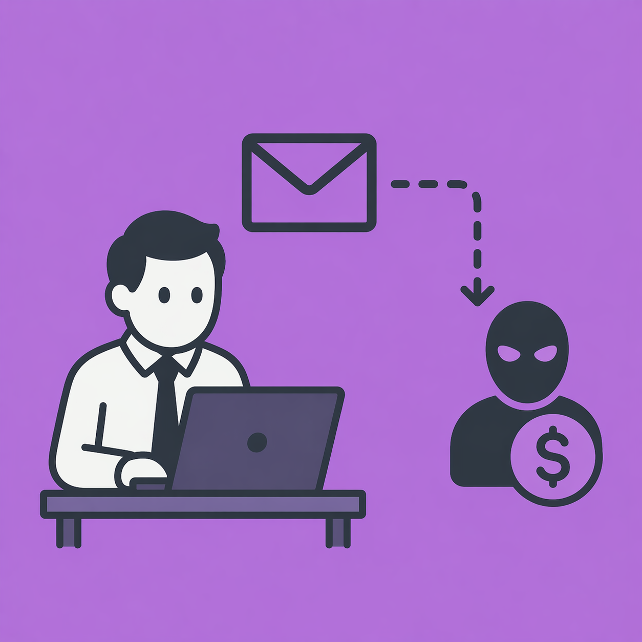 A man looks at his computer screen. An email icon points to a burglar.